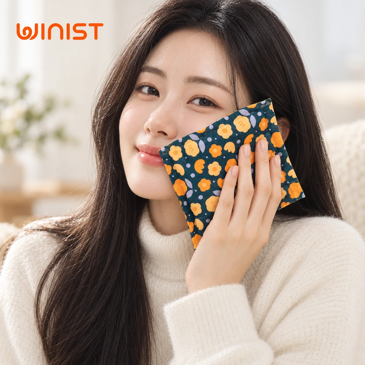 포포랑 대형 150g — 실내에서 손에 쥐고 볼에 댄 모습. 손바닥을 덮는 크기를 가늠할 수 있다