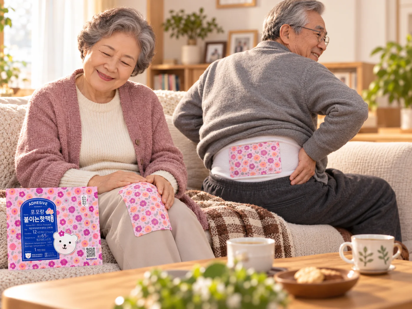 포포랑 붙이는핫팩 — 무릎과 허리에 옷 위로 부착한 모습