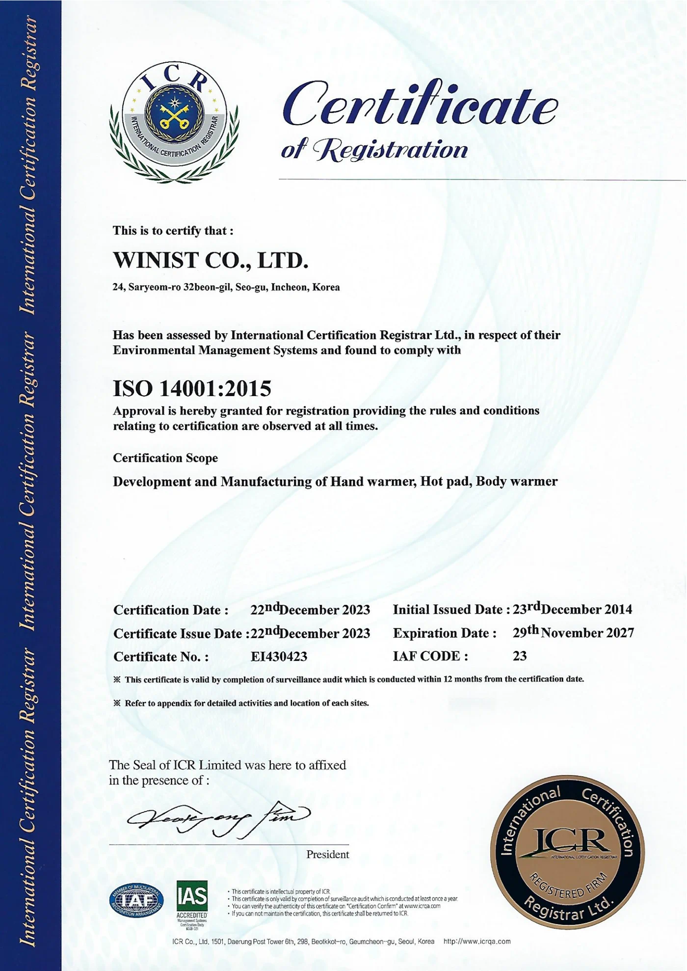 ISO 14001:2015 environmental management certificate — certificate no. EI430423, valid until 29 November 2027
